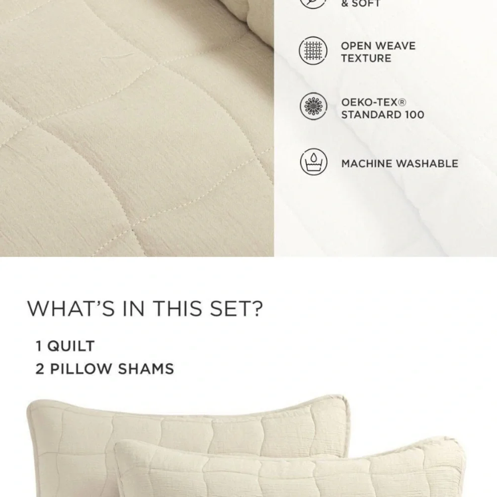 NWT Lush Decor 3pc Full/Queen beige Gauze Quilted Bedding Set